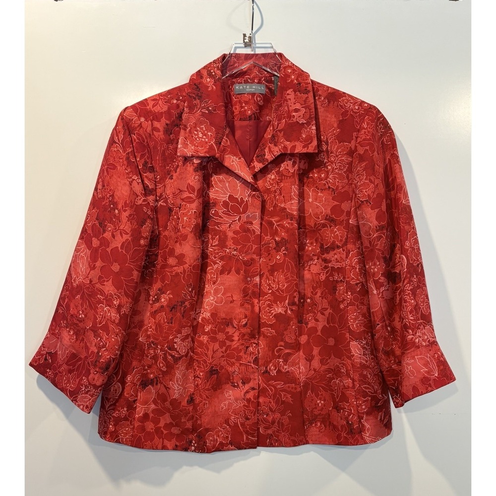 Kate Hill Woman 100% Silk Red Floral Blazer Jacket 16W 3/4 Sleeve Lined Notched